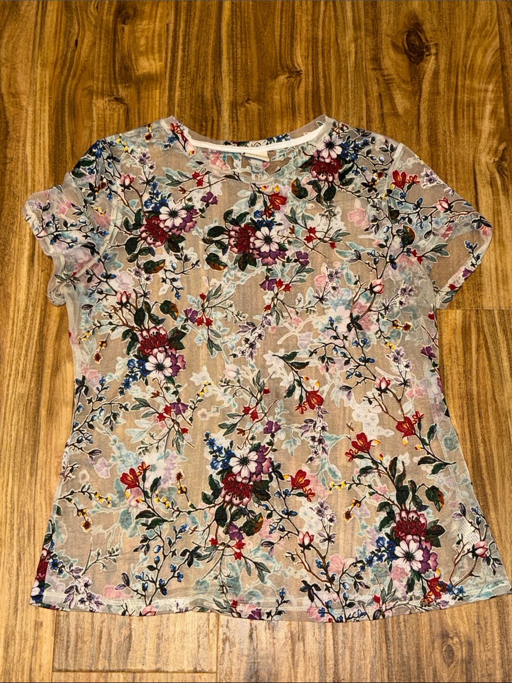 A new day women large Top Sheer white black floral layer shirt short sleeve